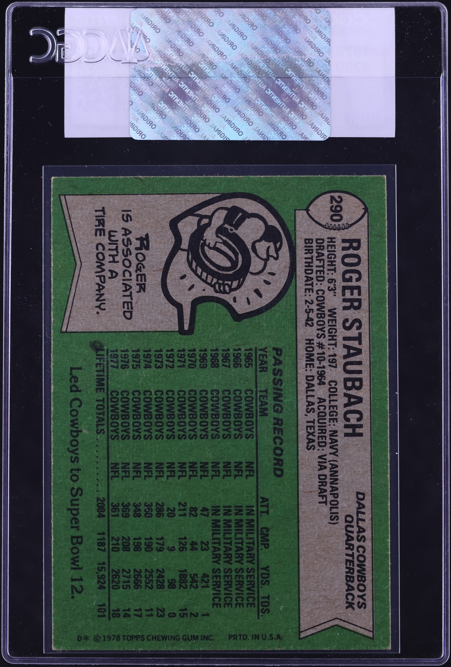 1978 Topps Football Roger Staubach #290 CGC AUTH