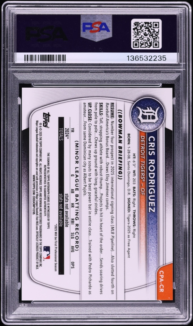 2025 Bowman Chrome Blue Reptilian Cris Rodriguez PROSPECT AUTO DNA 10 /150 #CPACR PSA 9 MINT