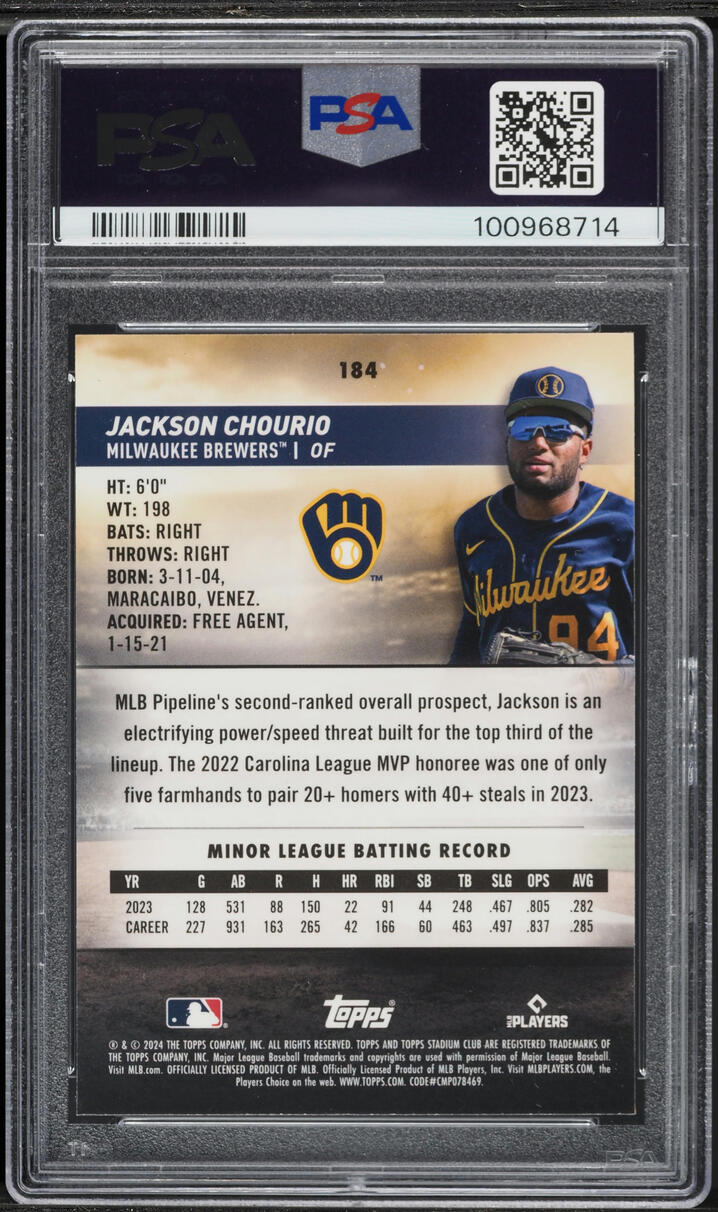 2024 Stadium Club Chrome Jackson Chourio ROOKIE #184 PSA 10 GEM MINT