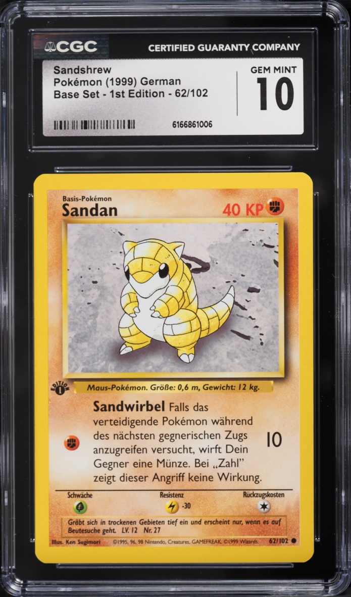 1999 Pokemon German Base Set 1st Edition Sandshrew #62 CGC 10 GEM MINT