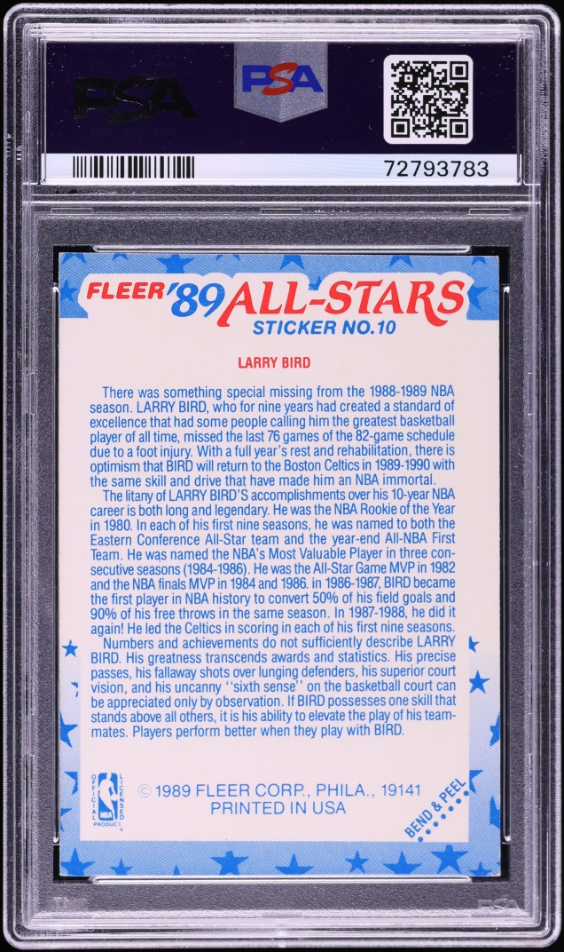 1989 Fleer Sticker Larry Bird #10 PSA 6 EXMT
