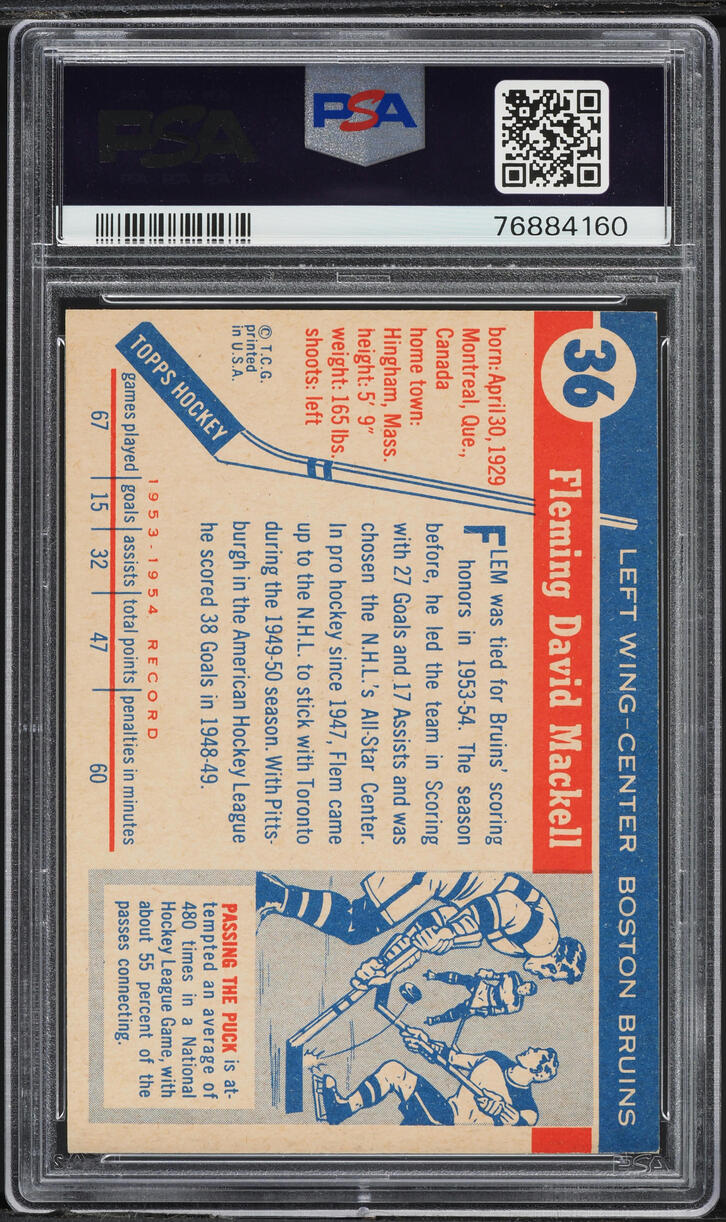 1954 Topps Hockey Fleming Mackell #36 PSA 8 NM-MT