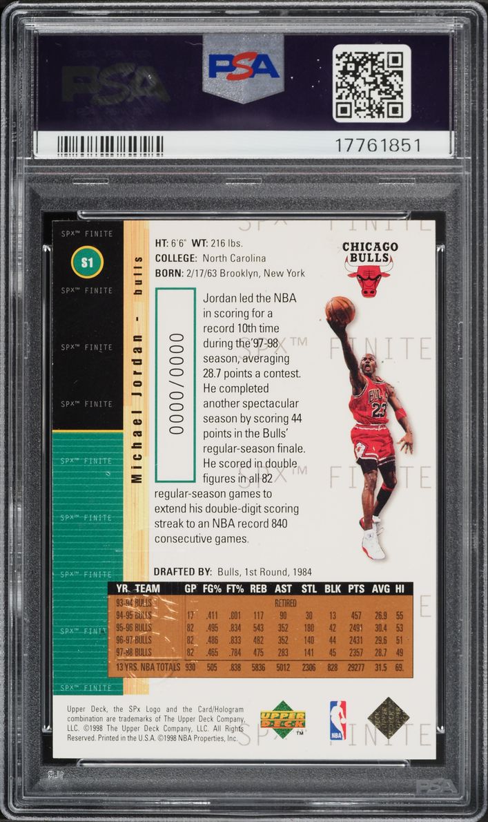 1998 SPx Finite Sample Michael Jordan #S1 PSA 10 GEM MINT