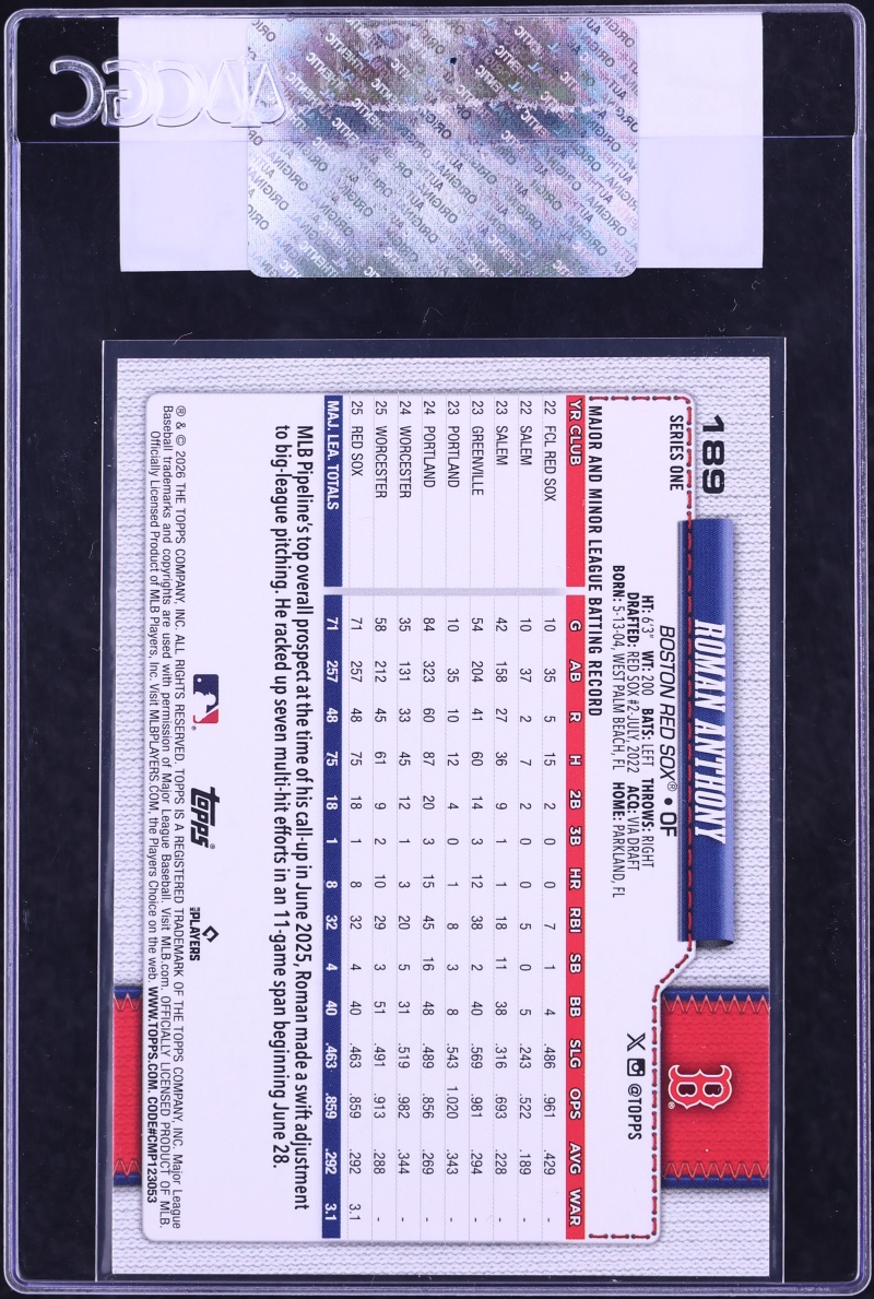 2026 Topps Roman Anthony ROOKIE #189 CGC AUTH