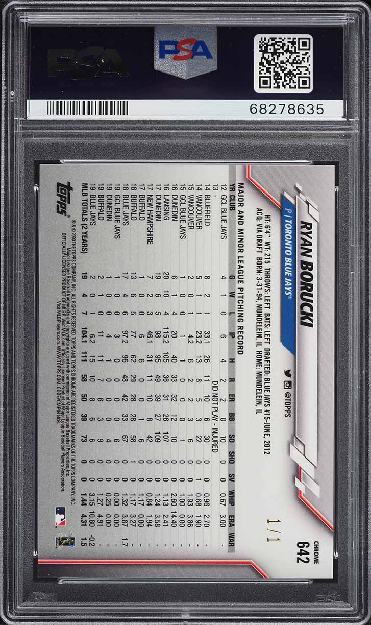 2020 Topps Chrome Sapphire Superfractor Ryan Borucki 1/1 #642 PSA 9 MINT