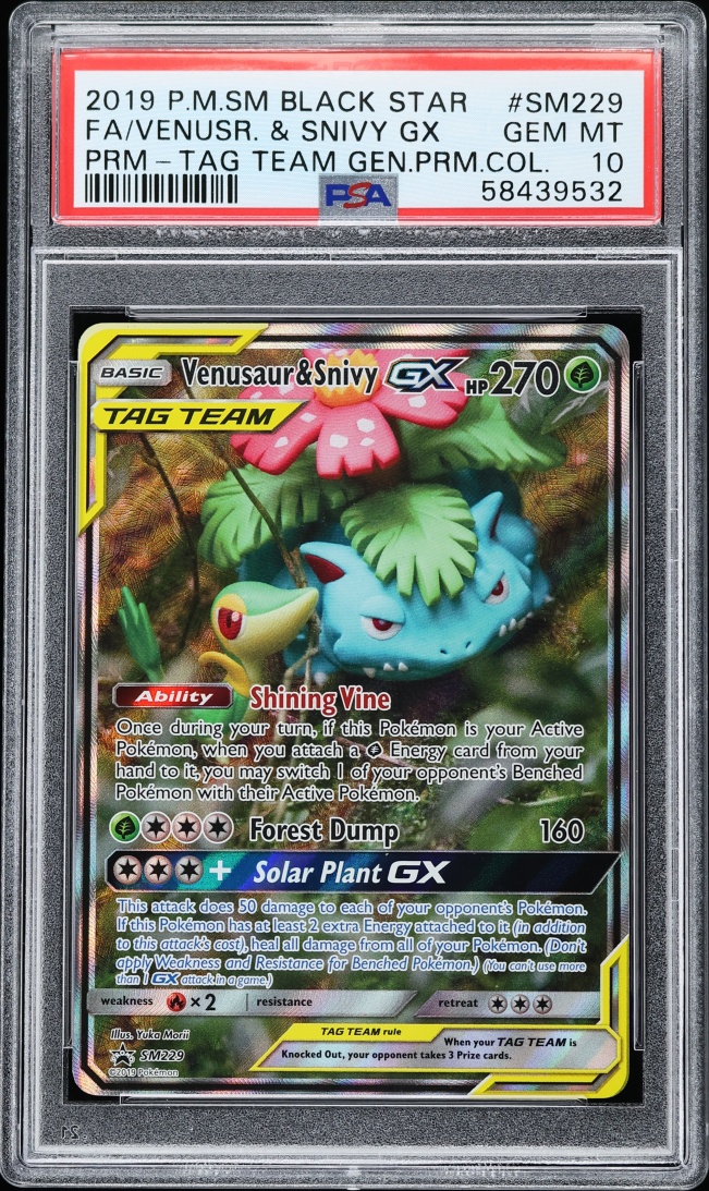 2019 Pokemon SM Promo Tag Team Generations Premium Full Art Venusaur & Snivy GX #SM229 PSA 10