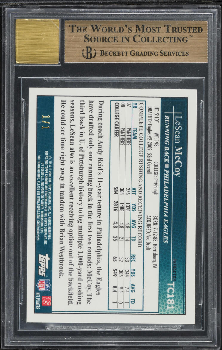 2009 Topps Chrome Superfractor LeSean McCoy ROOKIE AUTO 1/1 #TC181 BGS 9.5 GEM