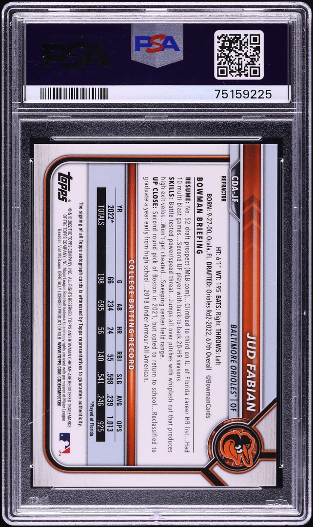 2022 Bowman Chrome Draft Refractor Jud Fabian PROSPECT AUTO /499 #CDA-JF PSA 10