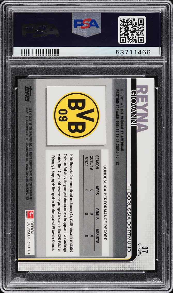 2019 Topps Chrome Bundesliga Giovanni Reyna ROOKIE #37 PSA 10 GEM MINT