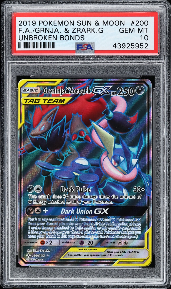 2019 Pokemon Sun & Moon Unbroken Bonds Full Art Greninja & Zoroark GX #200 PSA 10 GEM MINT