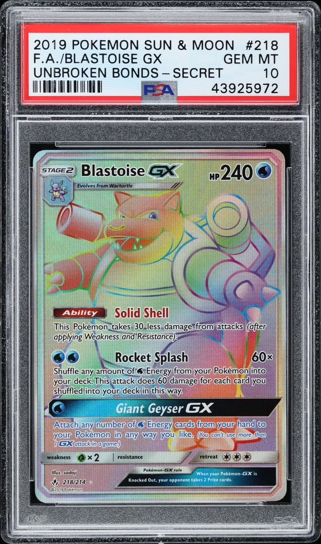 2019 Pokemon Sun & Moon Unbroken Bonds Rainbow Rare Blastoise GX #218 PSA 10 GEM MINT