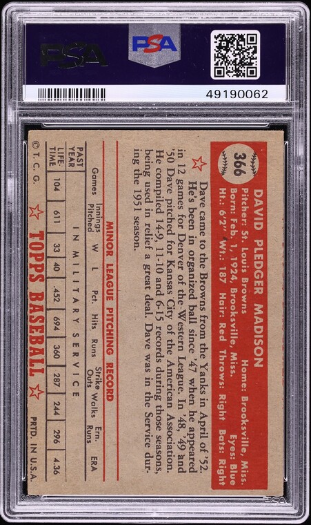 1952 Topps Dave Madison #366 PSA 5.5 EX+