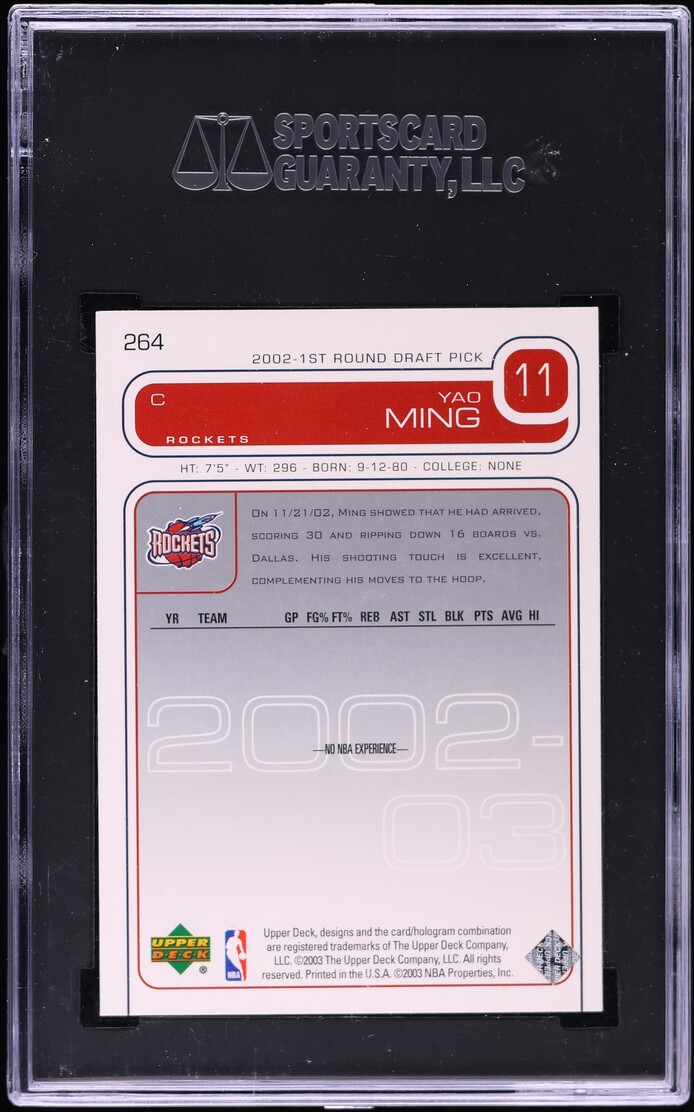 2002 Upper Deck Basketball Yao Ming ROOKIE #264 SGC 7 NRMT
