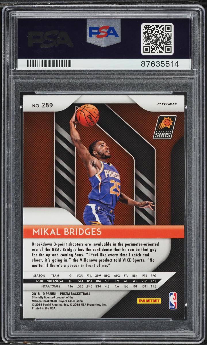 2018 Panini Prizm Silver Mikal Bridges ROOKIE #289 PSA 10 GEM MINT