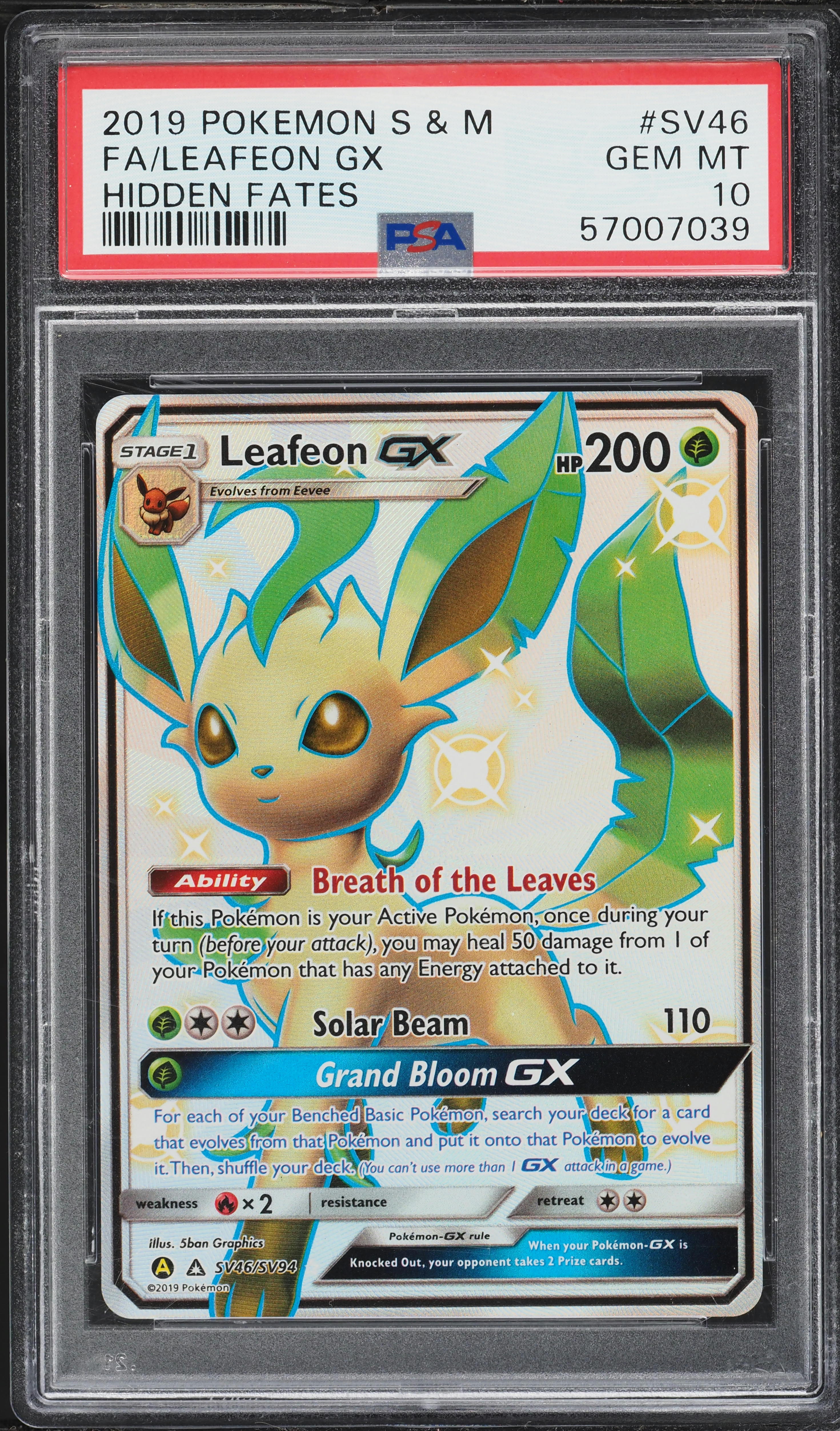 2019 Pokemon Sun & Moon Hidden Fates Shiny Full Art Leafeon GX #SV46 PSA 10 GEM MINT