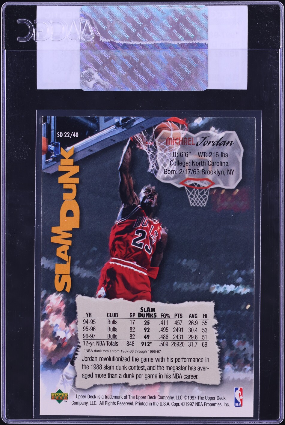1997 Upper Deck Nestle Slam Dunk Michael Jordan #SD22 CGC AUTH