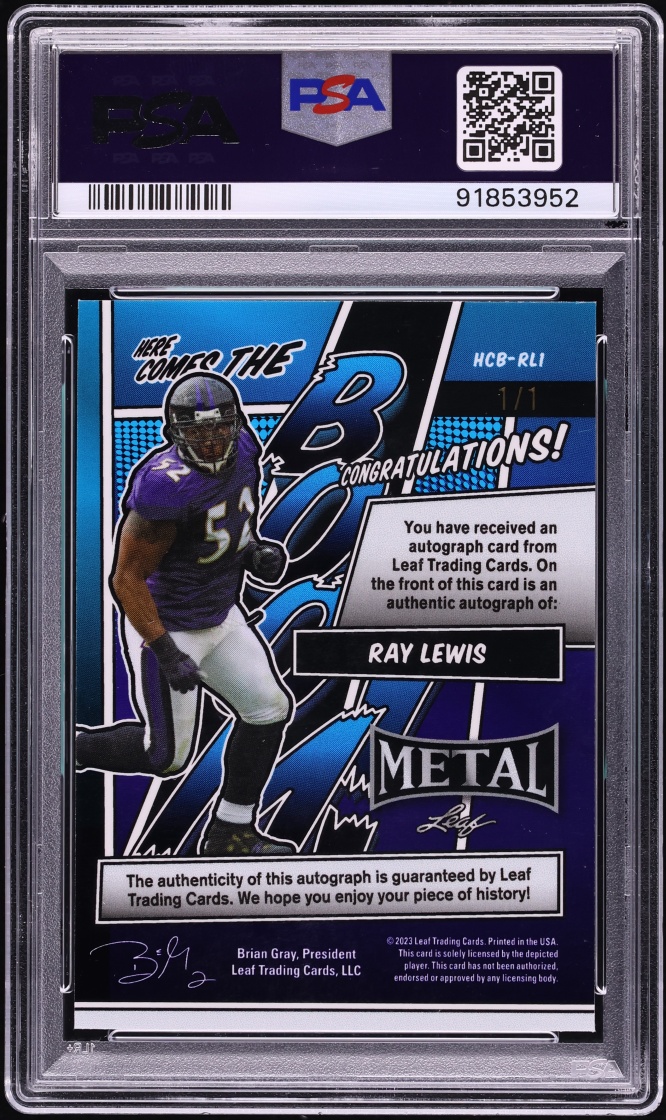 2023 Leaf Metal Here Comes The Boom Purple Kaleidoscope Ray Lewis AUTO 1/1 #HCB-RL1 PSA 9 MINT - Photo 2