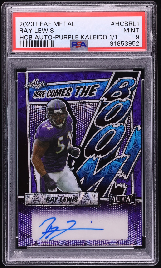 2023 Leaf Metal Here Comes The Boom Purple Kaleidoscope Ray Lewis AUTO 1/1 #HCB-RL1 PSA 9 MINT