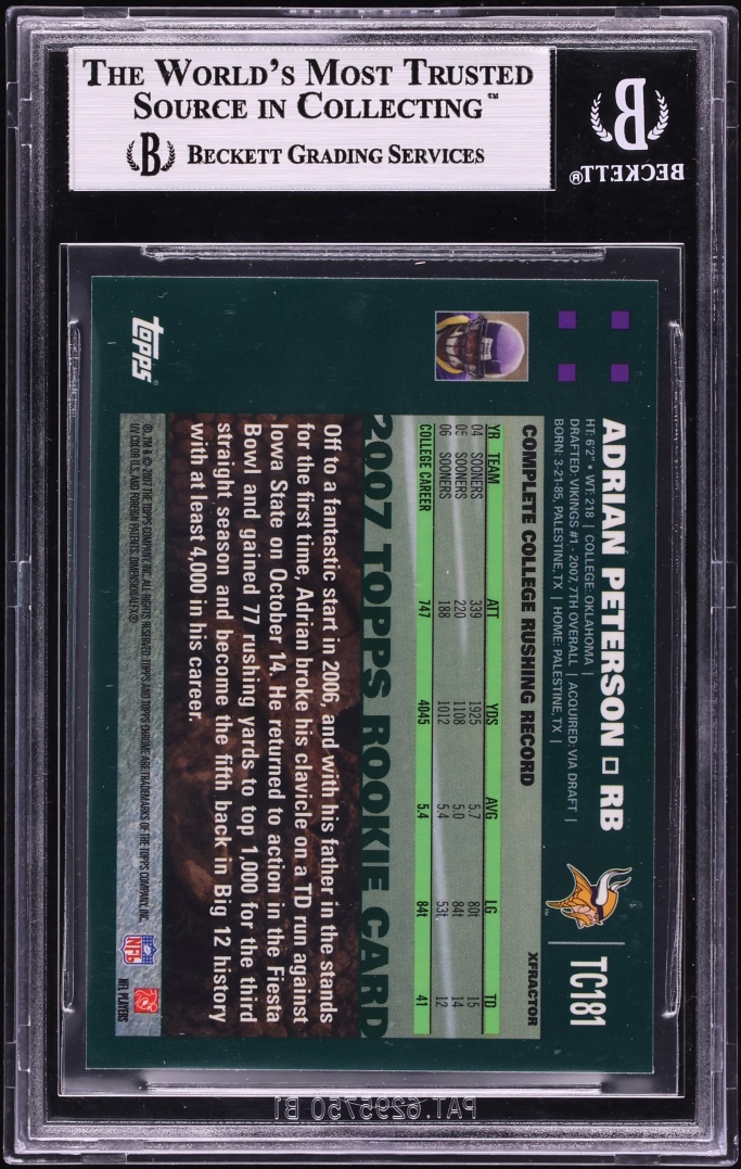 2007 Topps Chrome Xfractor Adrian Peterson ROOKIE #TC181 BGS 8.5 NM-MT+ - Photo 2
