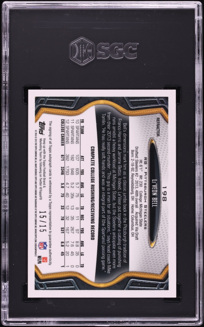 2013 Topps Chrome Prism Refractor Le'Veon Bell ROOKIE AUTO 15/15 #198 SGC 8 NM-MT - Photo 2