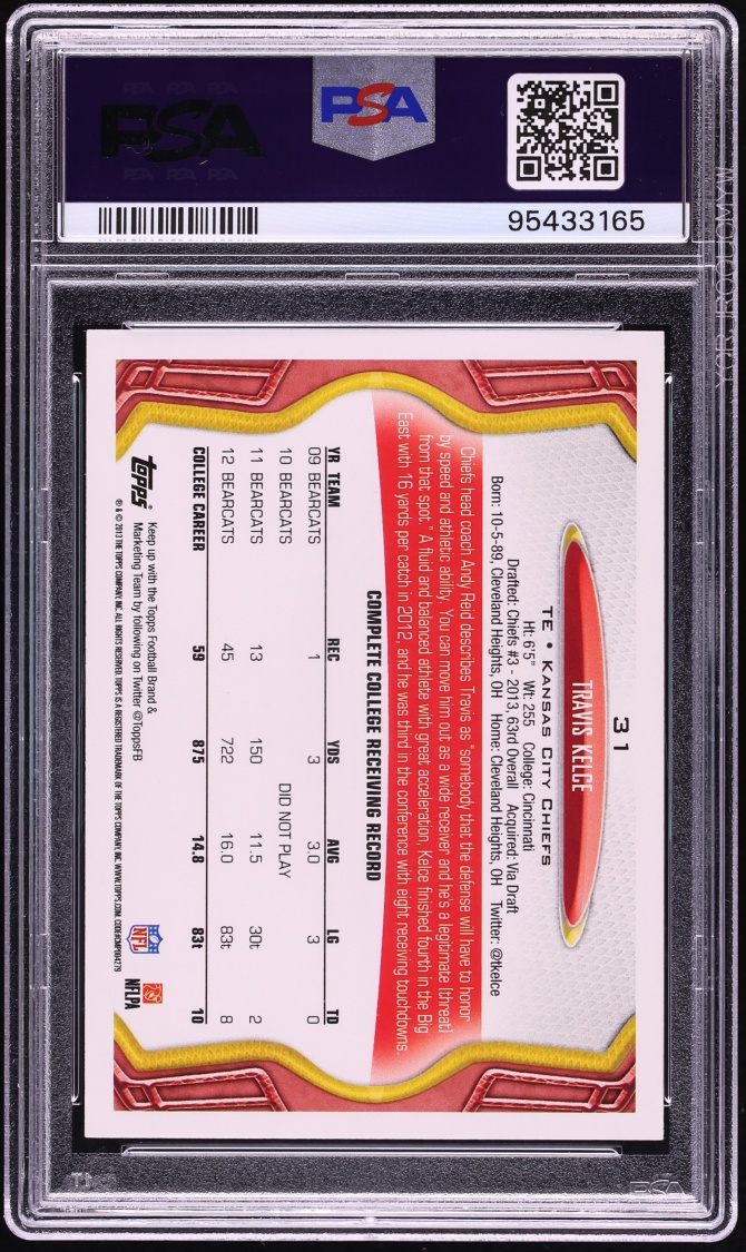 2013 Topps Football Travis Kelce ROOKIE #31 PSA 9 MINT - Photo 2