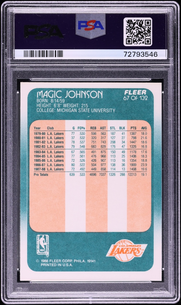 1988 Fleer Basketball Magic Johnson #67 PSA 8 NM-MT