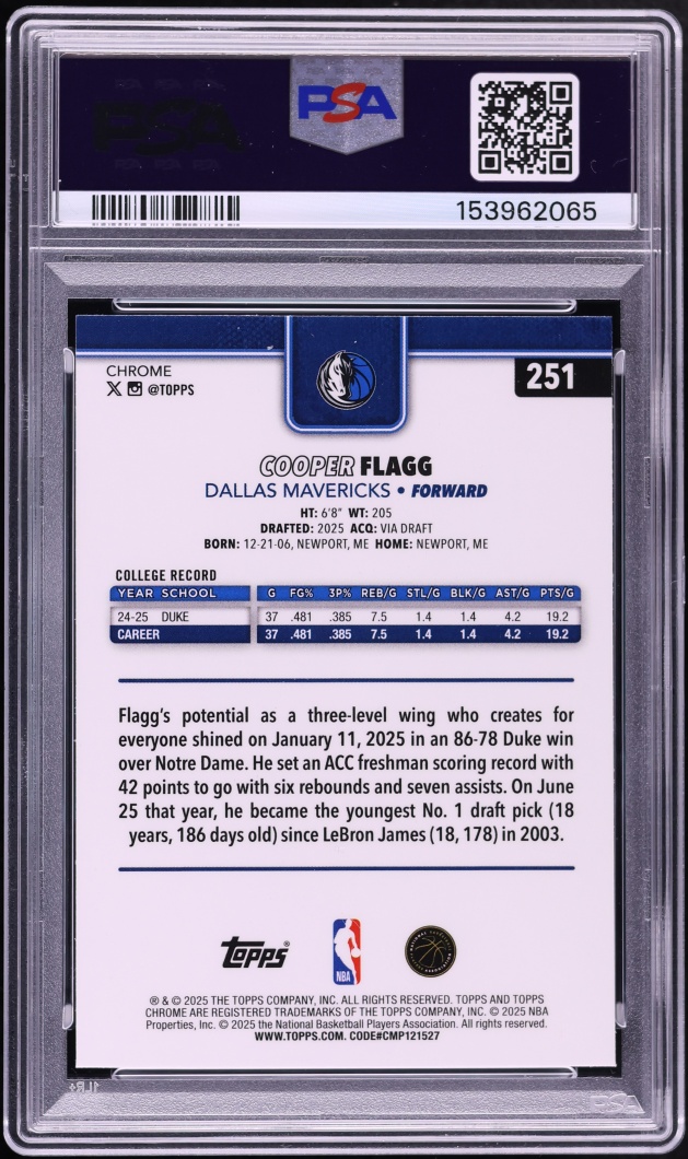2025 Topps Chrome Xfractor Cooper Flagg ROOKIE #251 PSA 10 GEM MINT