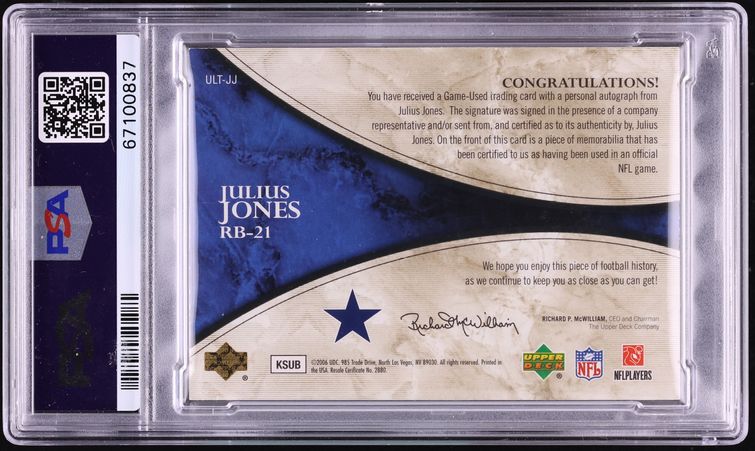 2006 Ultimate Collection Julius Jones NFL SHIELD PATCH AUTO 1/1 PSA 9 MINT - Photo 2