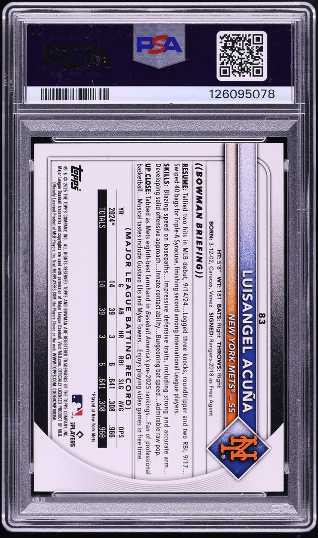 2025 Bowman Orange Luisangel Acuna ROOKIE /25 #83 PSA 9 MINT