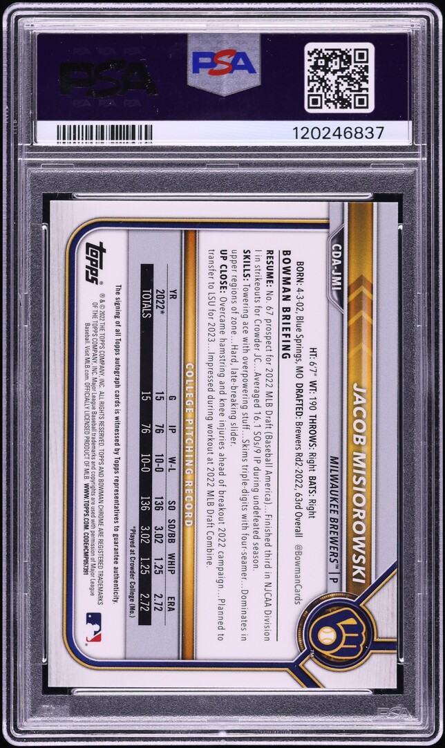 2022 Bowman Chrome DP Superfractor Jacob Misiorowski PROSPECT AUTO 1/1 PSA 10