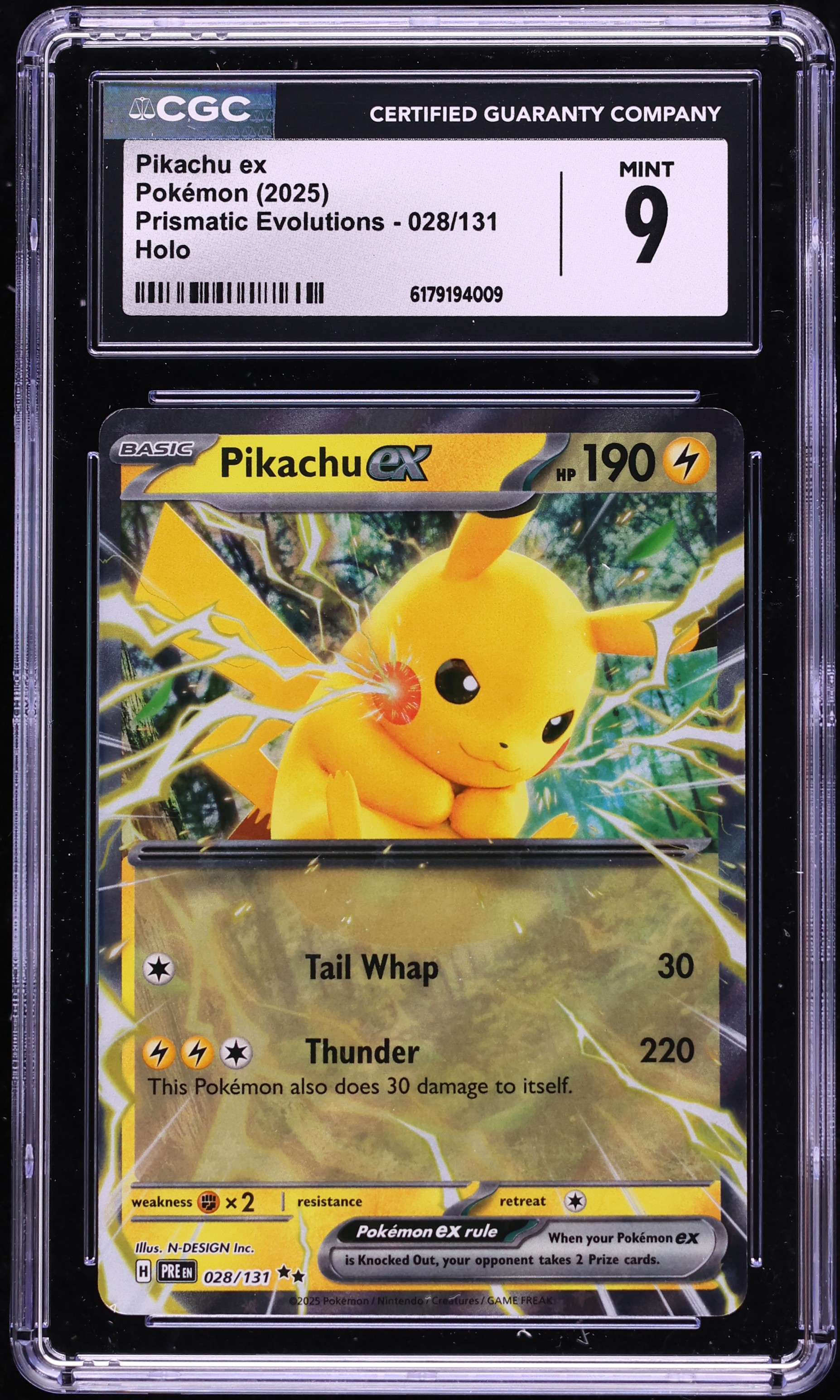 2025 Pokemon Scarlet & Violet Prismatic Evolutions Holo Pikachu ex #28 CGC 9 MINT