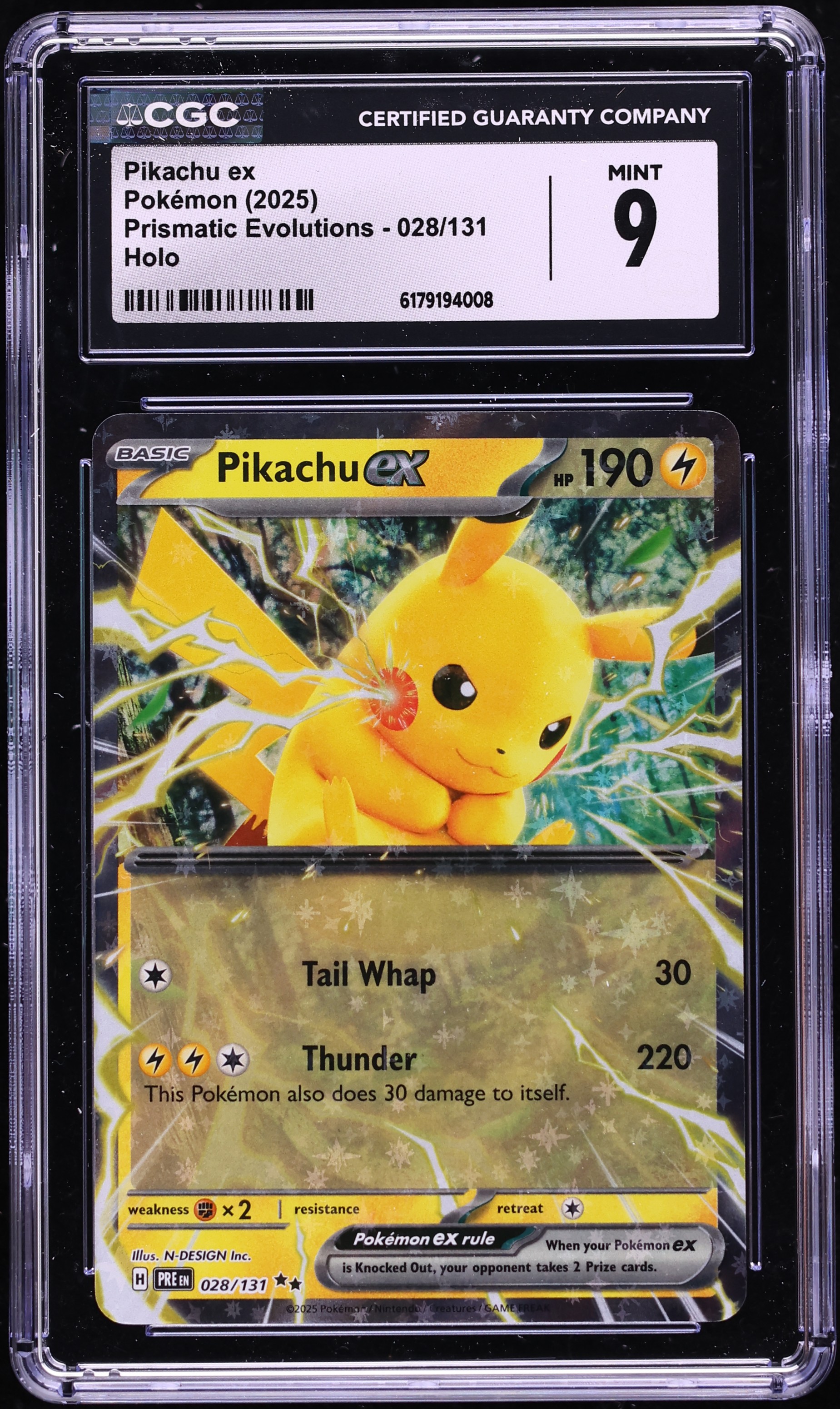 2025 Pokemon Scarlet & Violet Prismatic Evolutions Holo Pikachu ex #28 CGC 9 MINT