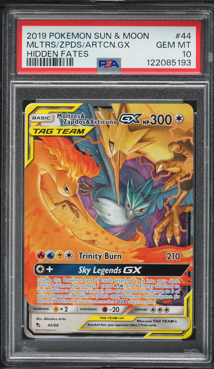 2019 Pokemon SM Hidden Fates Moltres & Zapdos & Articuno GX #44 PSA 10 GEM MINT