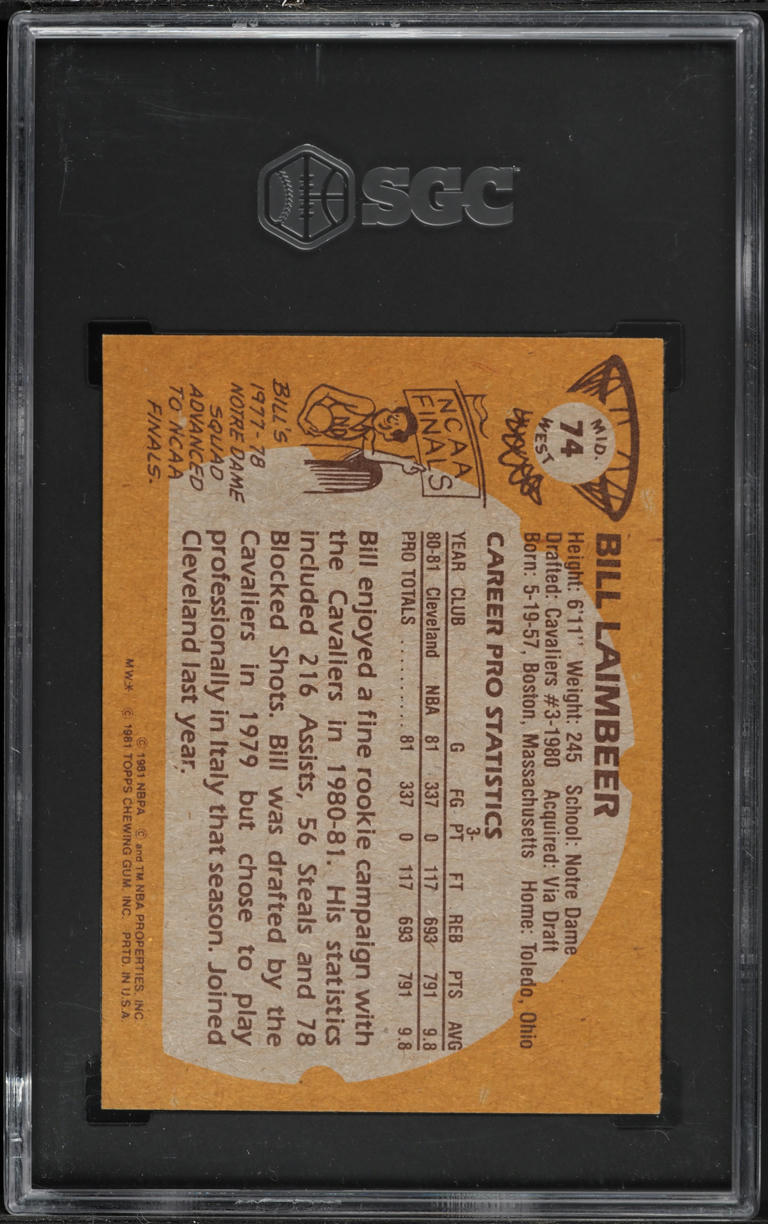 1981 Topps Basketball Bill Laimbeer ROOKIE #MW74 SGC 8 NM-MT