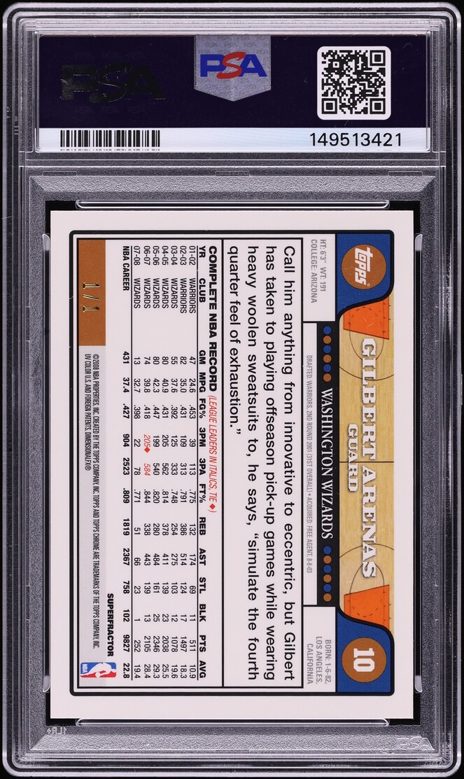2008 Topps Chrome Superfractor Gilbert Arenas 1/1 #10 PSA 10 GEM MINT