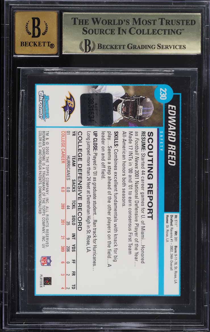 2002 Bowman Chrome Ed Reed ROOKIE AUTO #230 BGS 9.5 GEM MINT
