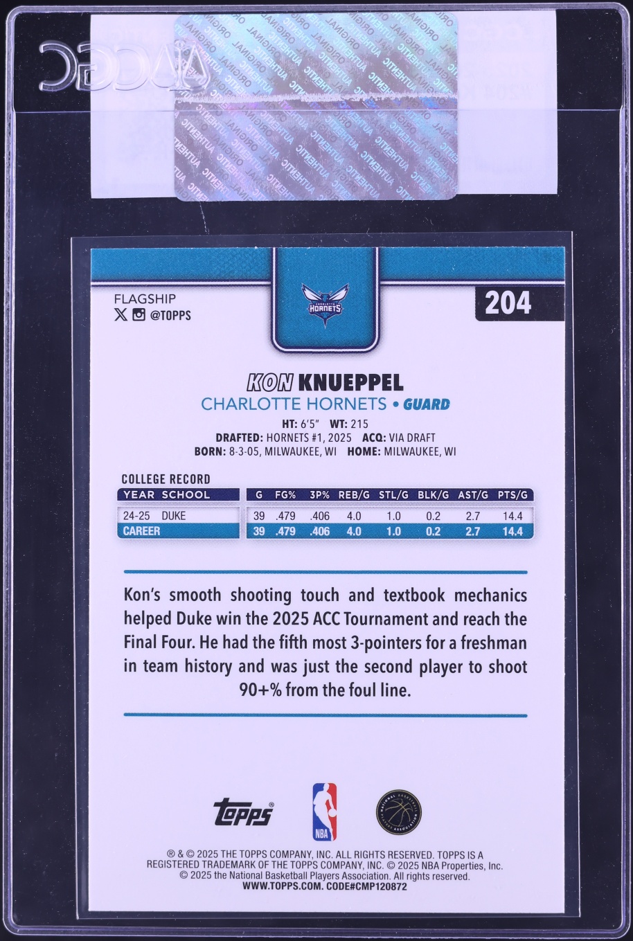2025 Topps Basketball Kon Knueppel ROOKIE #204 CGC AUTH
