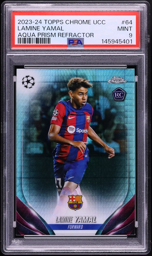 2023 Topps Chrome UEFA CC Aqua Prism Refractor Lamine Yamal ROOKIE #64 PSA 9 MINT