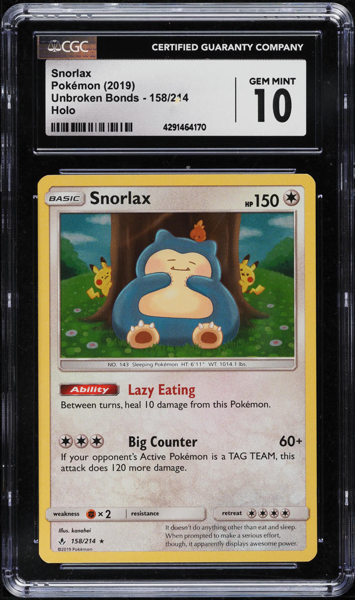 2019 Pokemon Sun & Moon Unbroken Bonds Holo Snorlax #158 CGC 10 GEM MINT