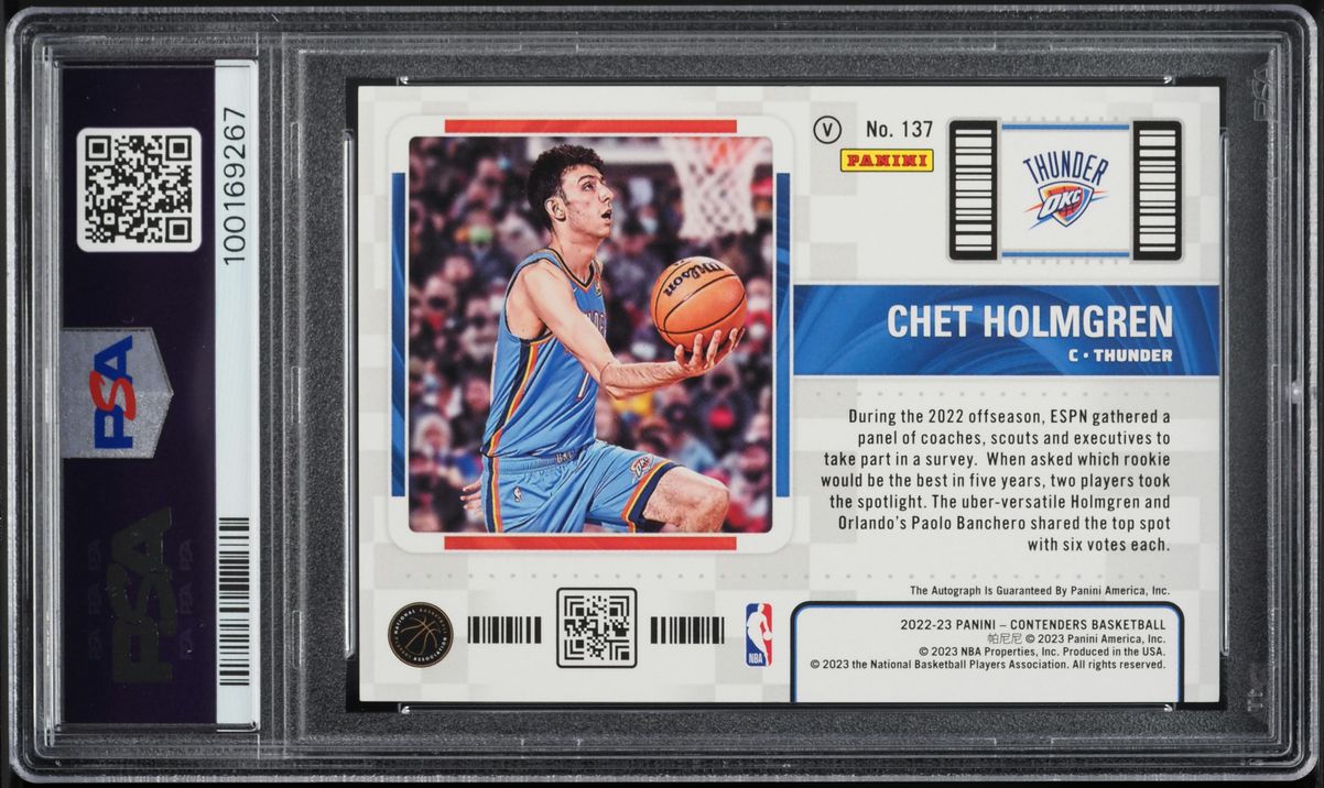 2022 Panini Contenders The Finals Chet Holmgren ROOKIE AUTO /49 #137 PSA 9 MINT - Photo 2