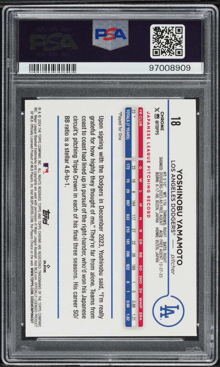 2024 Topps Chrome Big Apple Refractor Yoshinobu Yamamoto ROOKIE #18 PSA 9 MINT