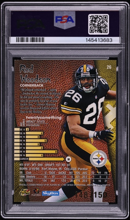 1997 Skybox Impact Rave Rod Woodson /150 #26 PSA 9 MINT - Photo 2