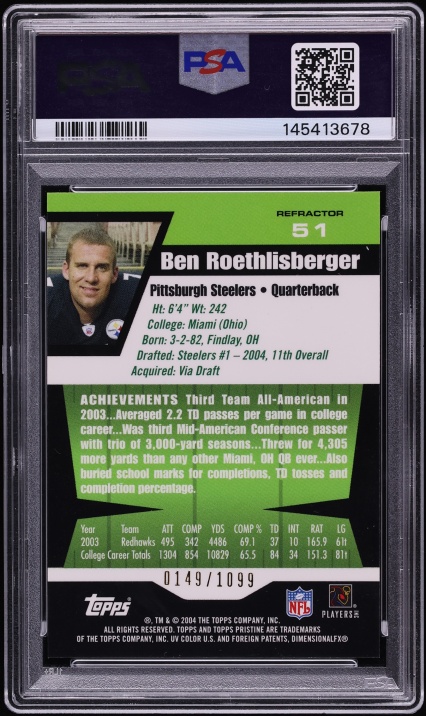 2004 Topps Pristine Refractor Ben Roethlisberger ROOKIE /1099 #51 PSA 9 MINT - Photo 2