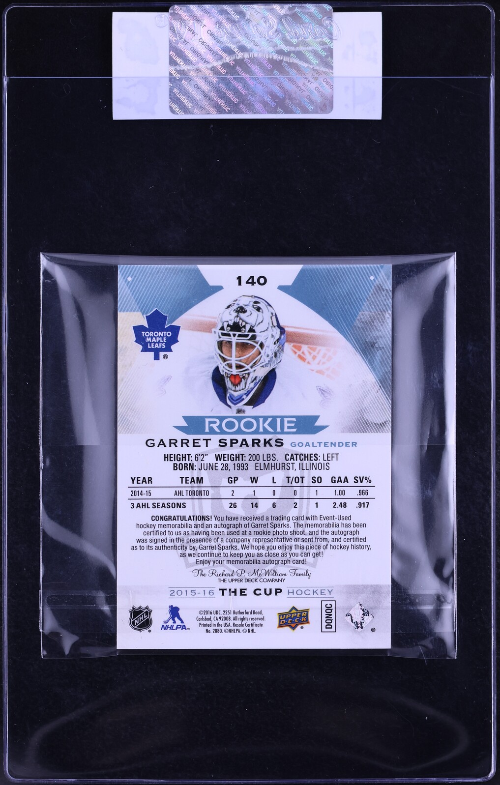 2015 Upper Deck The Cup Garret Sparks ROOKIE PATCH AUTO /249 #140 CGC AUTH