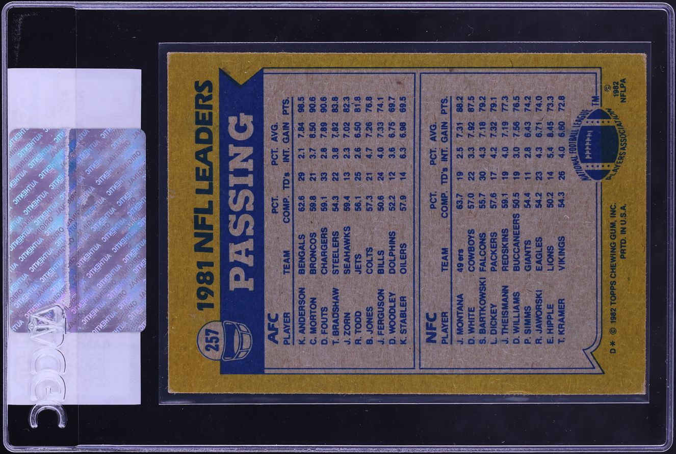 1982 Topps Football Ken Anderson Joe Montana PASSING LEADERS #257 CGC AUTH
