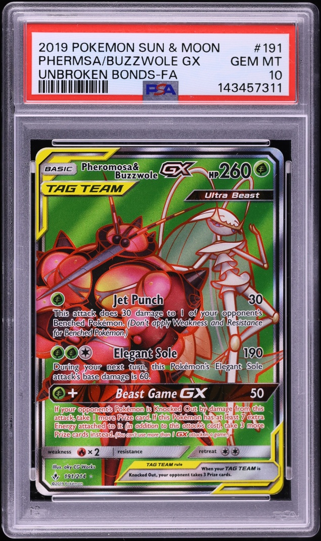2019 Pokemon Sun & Moon Unbroken Bonds Full Art Pheromosa & Buzzwole GX #191 PSA 10 GEM MINT
