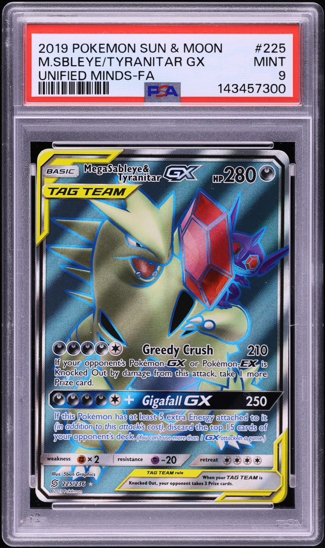 2019 Pokemon Sun & Moon Unified Minds Full Art Mega Sableye & Tyranitar GX #225 PSA 9 MINT