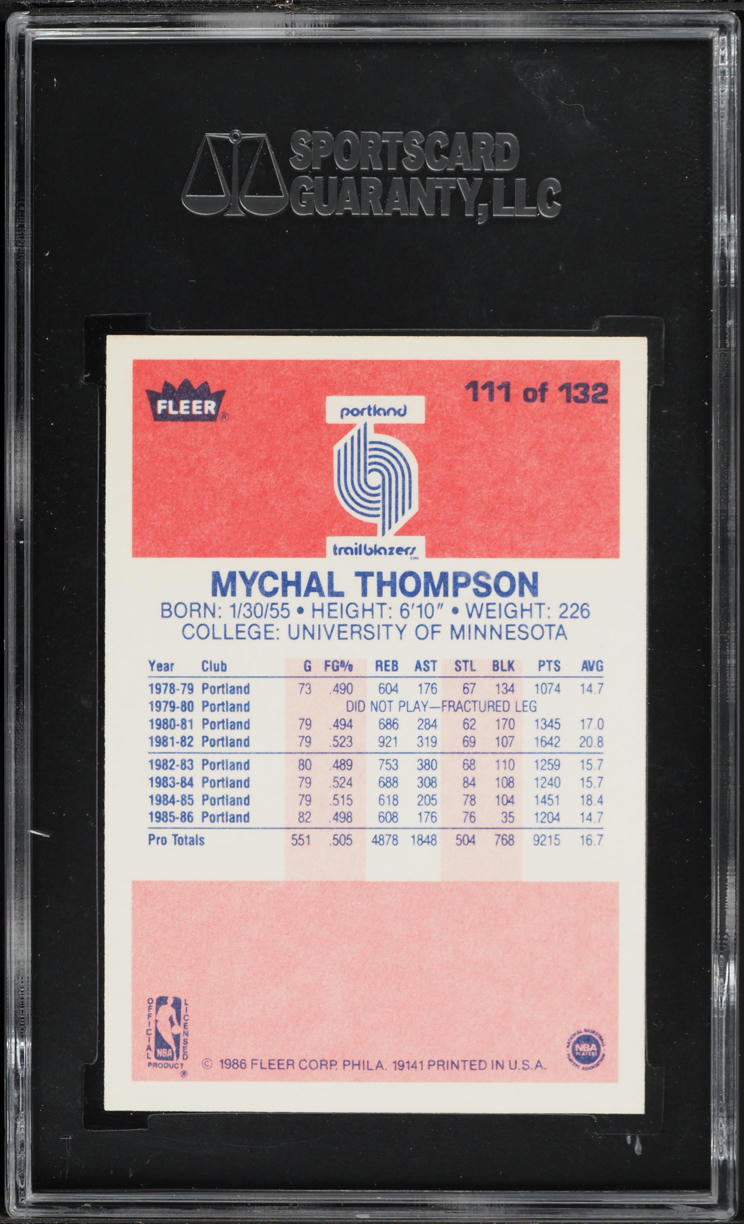 1986 Fleer Basketball Mychal Thompson #111 SGC 8.5 NM-MT+