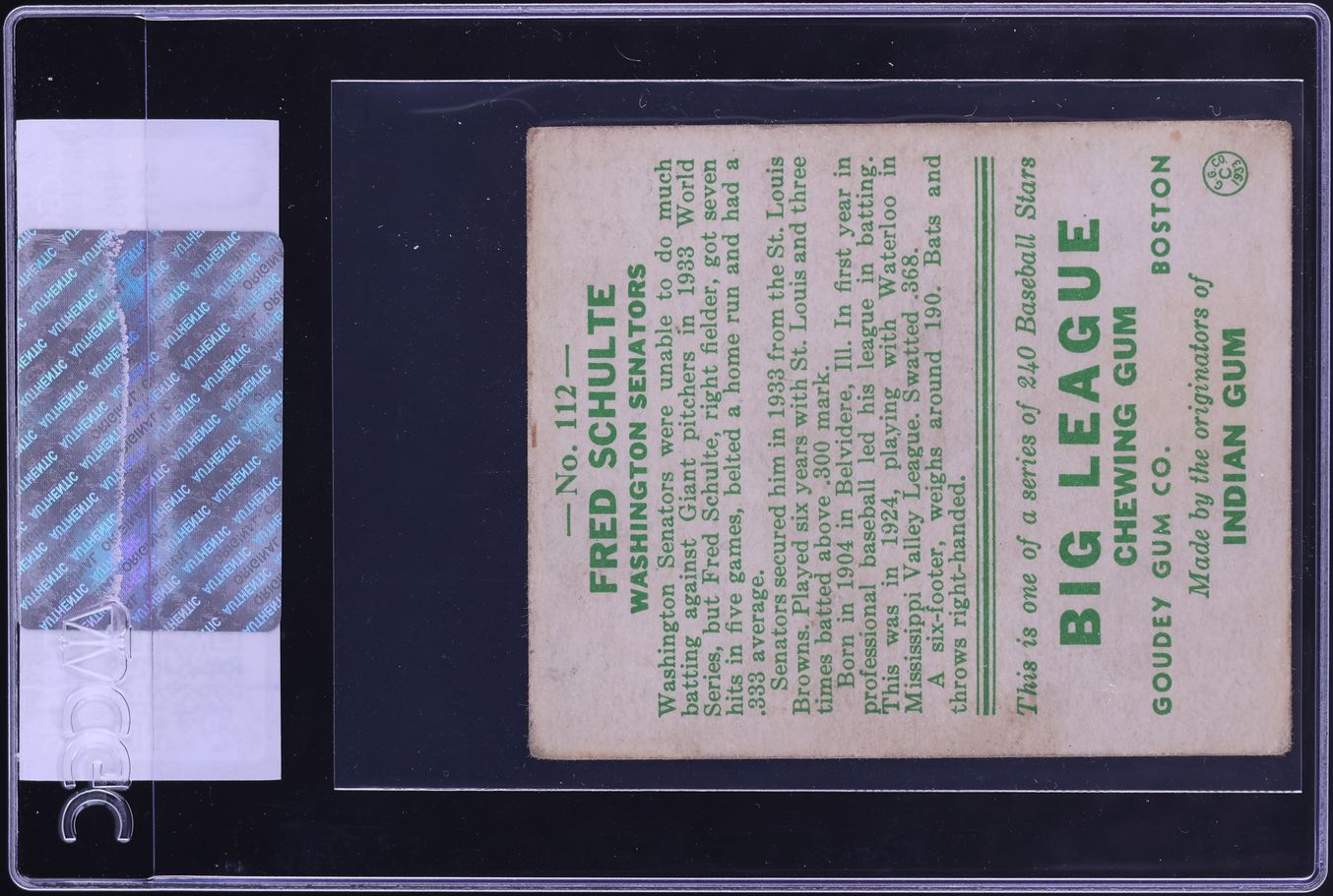 1933 Goudey Fred Schulte #112 CGC AUTH