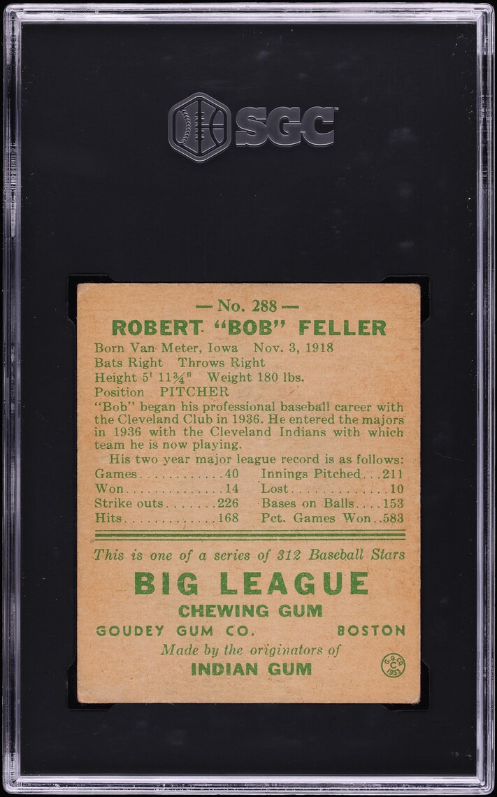 1938 Goudey Heads Up Bob Feller #288 SGC 3 VG